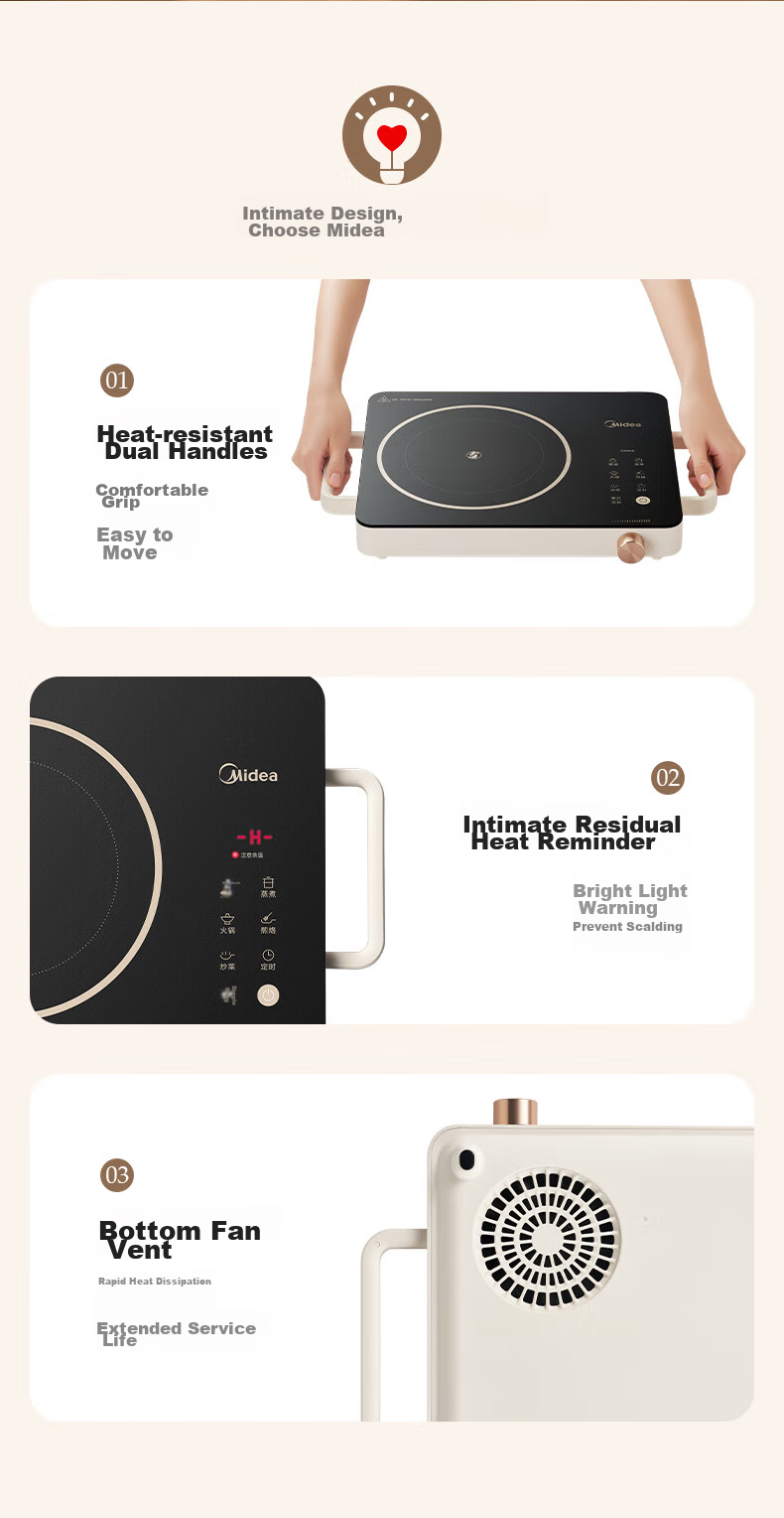 Midea Induction Cooker, Ceramic Cooktop, Battery Stove, 2200W Electric Hot Pot, Intense Heat, Tea Brewing, Water Boiling, Stir-Frying, Electromagnetic Stove for Tea Brewing, Dual Ring Flame Control, Suitable for All Pots, Wear-Resistant And Easy to Clean HW2210 12