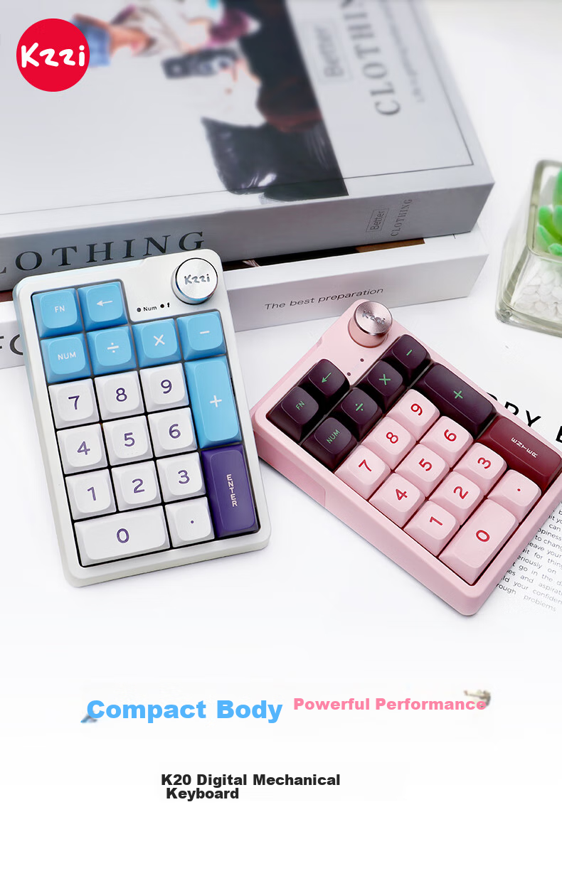 KZZI K20 Wireless Tri-Mode Mechanical Keyboard 19-Key with Knob Numeric Keypad RGB Lighting TOP Structure PBT Keycaps Hot-Swappable All Keys Mido Purple Light Feather Switch V2 1