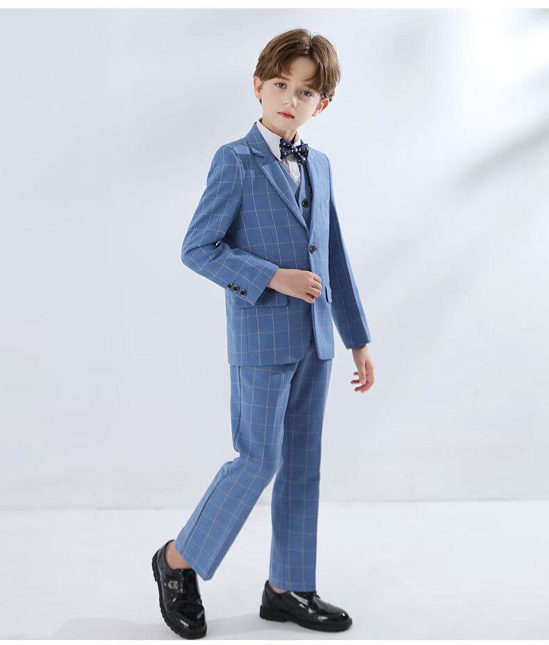 Yinuofang New Children's Suit Set Performance Outfit, Formal Wear, Host Attire for Boys, Blue Plaid, Size 160 7