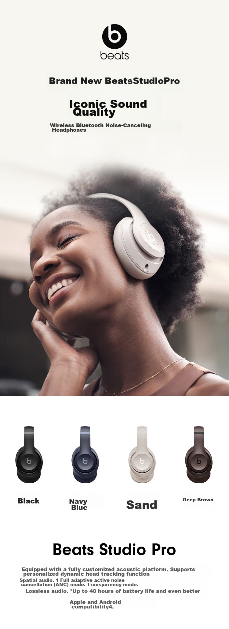 Beats Studio Pro Wireless Over-Ear Headphones [Qixi Gift], Bluetooth Active Noise Cancellation, Compatible with Apple And Android Devices, Black 1
