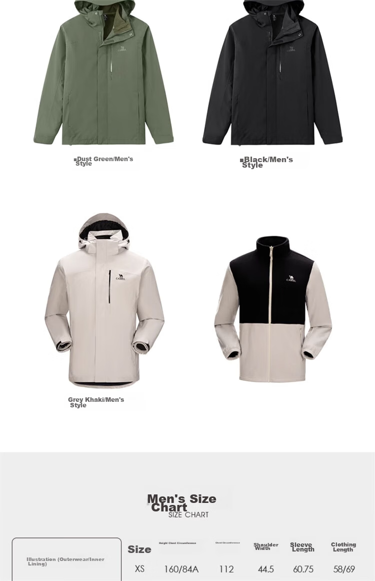CAMEL Men's Three-In Jacket with Detachable Fleece Inner Layer, Triple Protection Coat A1W231121AX 12