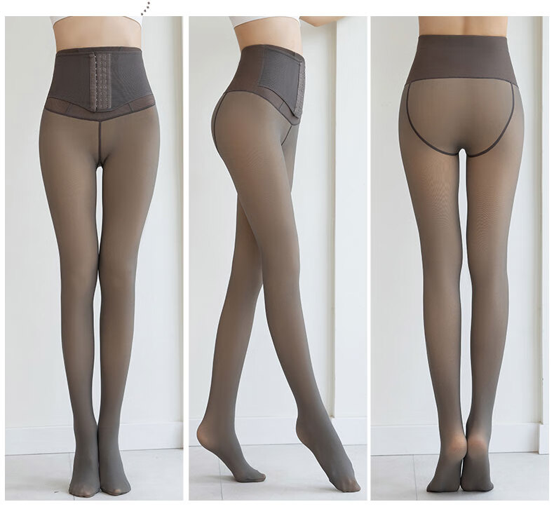 Langsha Women's Faux Sheer Leggings Spring Autumn Thin Fleece High Waist Buttoned Tummy Control Waist Shaping Plus Size Pantyhose Tights 15