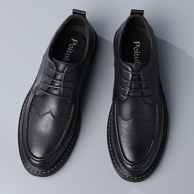 Poitulas Men's Lace-Up Business Casual Shoes, British-Style Carved Brogue Casual Leather Shoes, 3017 Black, Size 38