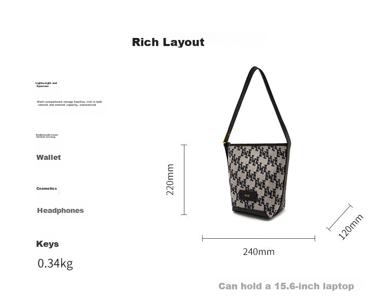 ELLE New Women's Handbag, Monogram Bucket Bag, Tote Bag, Commuter Shoulder Bag, Underarm Bag, Birthday Gift, 23025 3