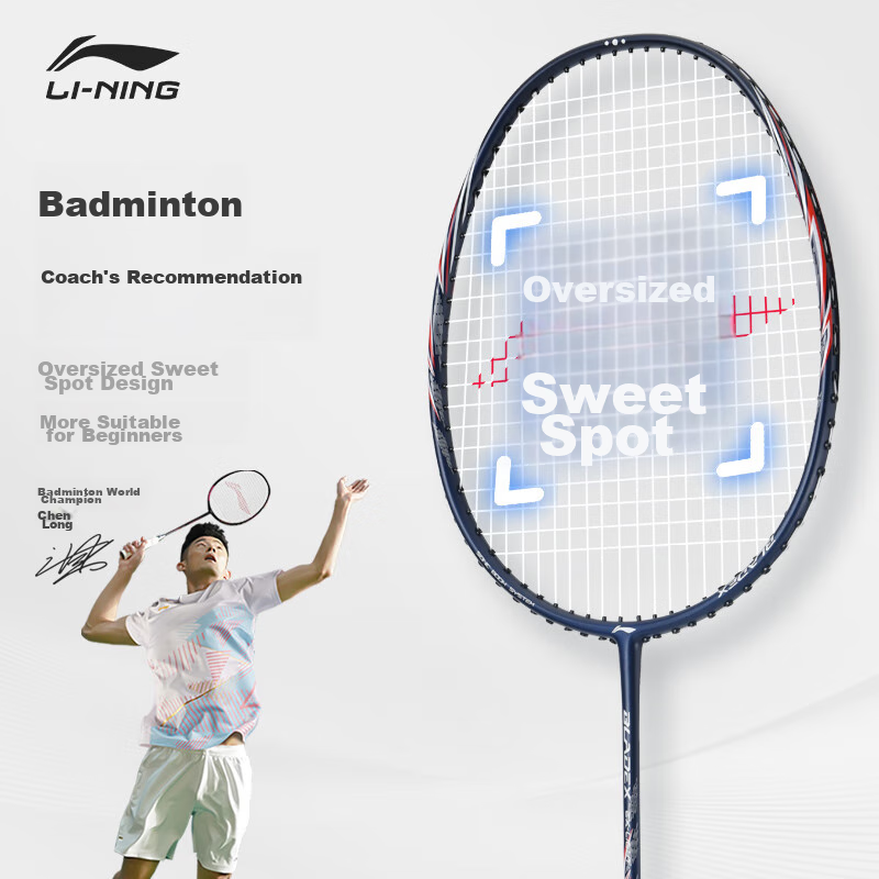 Li-Ning Badminton Racket, Jisu Guang 79g, Ultra-Light 5U Full Carbon Steel Cannon, Small Whirlwind Single Racket, Dark Purple Blue, Pre-Strung
