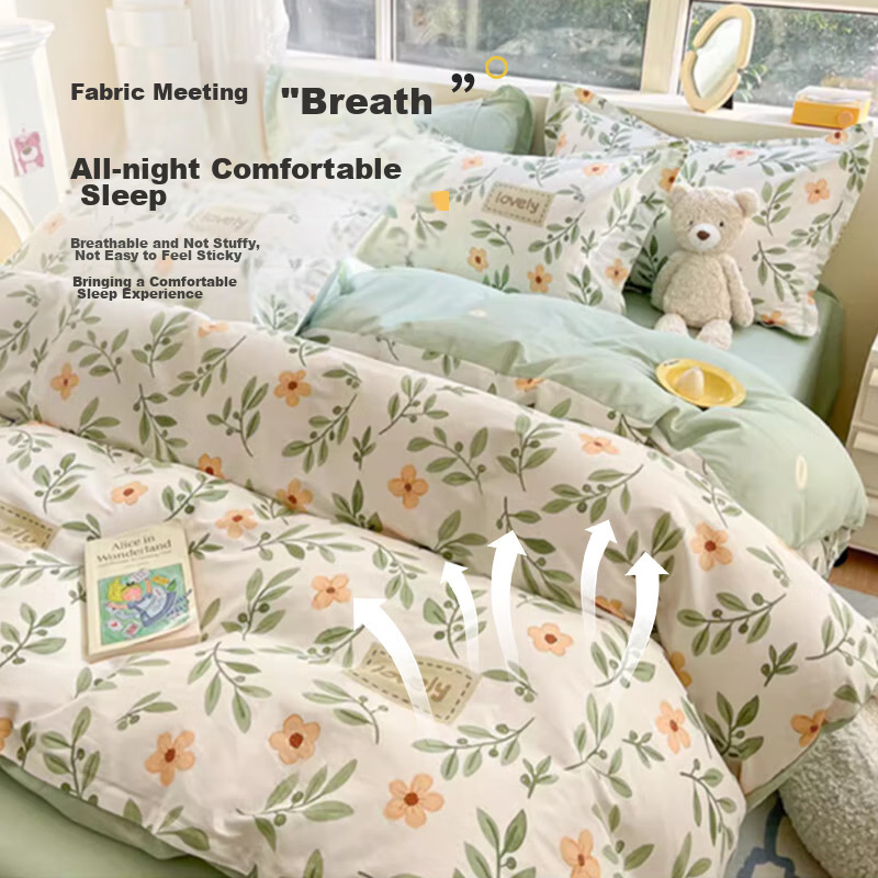 Wuyinliangpin Bedding Set, Pure Cotton Four-Piece Set, All-Cotton Bedsheet, Duvet Cover, 200x230cm, Suitable for Mother-Child Co-Sleeping, Lime Gree