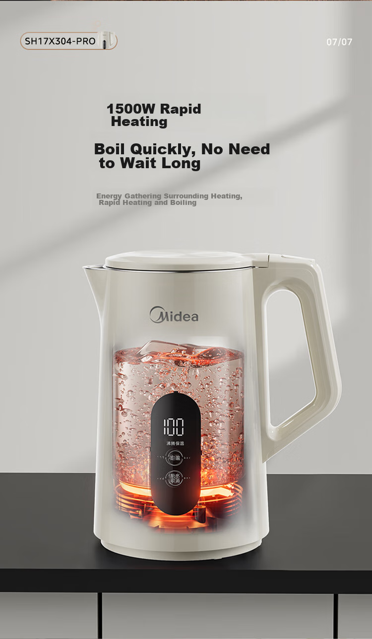 Midea Electric Kettle with Automatic Shut-Off And Temperature Control, 316L Stainless Steel, Baby-Safe Grade, 7 Temperature Settings, 1.7L Large Capacity, 17X304-PRO 9