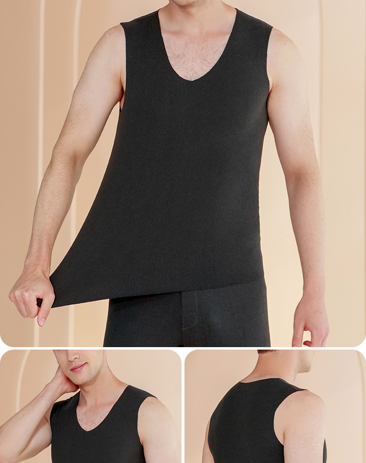 LangSha Men's Thermal Vest, Slim Fit Autumn Undershirt, Seamless Undershirt, Thin Warm Top, Wide Shoulder Sleeveless Vest, Black 15