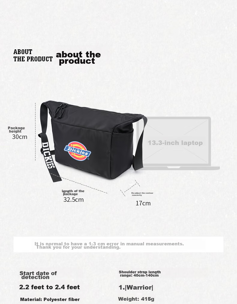 Dickies Shoulder Bag for Men, DK Multi-Pocket Crossbody Bag, Large Capacity, Fits 13.3-Inch Laptop, Canvas Backpack for Students 15