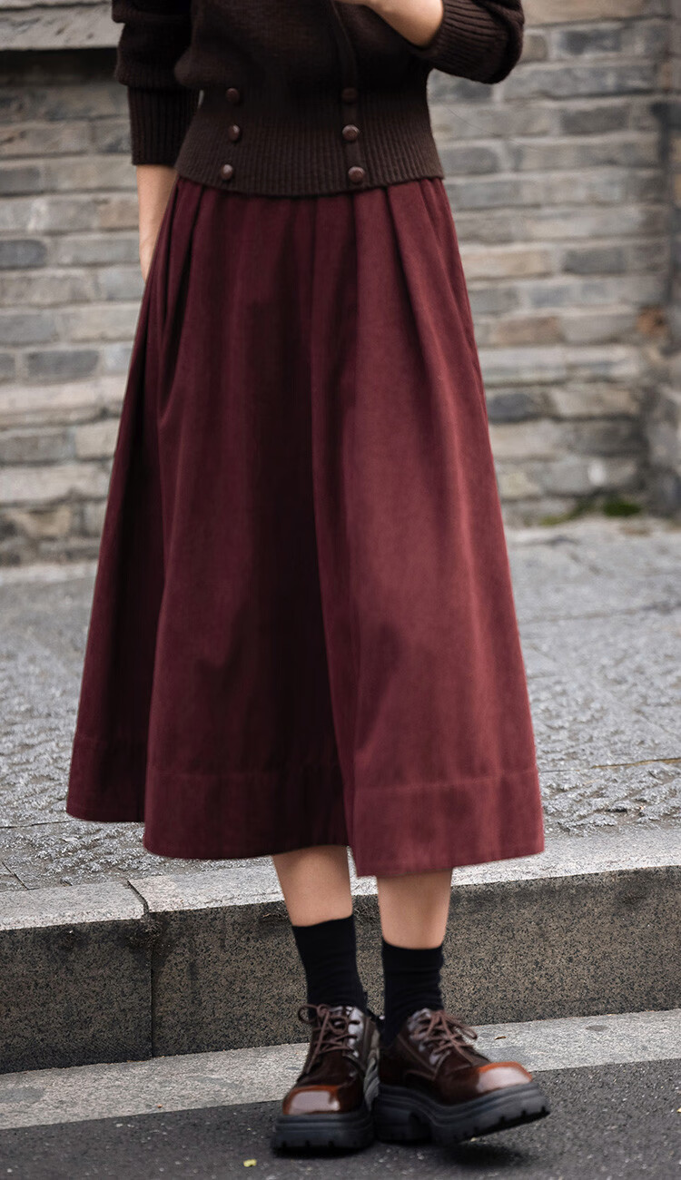 Dme [Crimson French-Style Midi Skirt], Waist-Symmetric Pleated Sharp Long Skirt, Crimson, M 4
