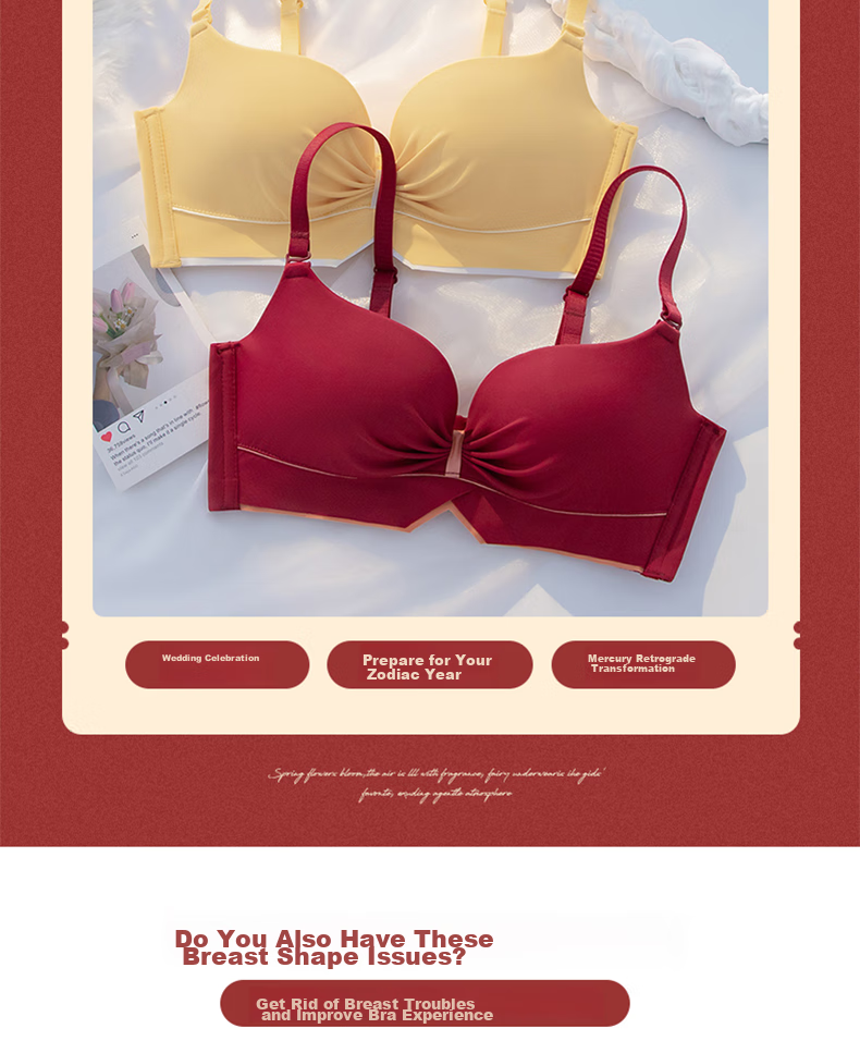 LangSha Zodiac Year Bra Set, Red Wedding, Small Chest Push-Up, Wireless, Horse Year, Side Support Bra, Women's Underwear, Size 32 4
