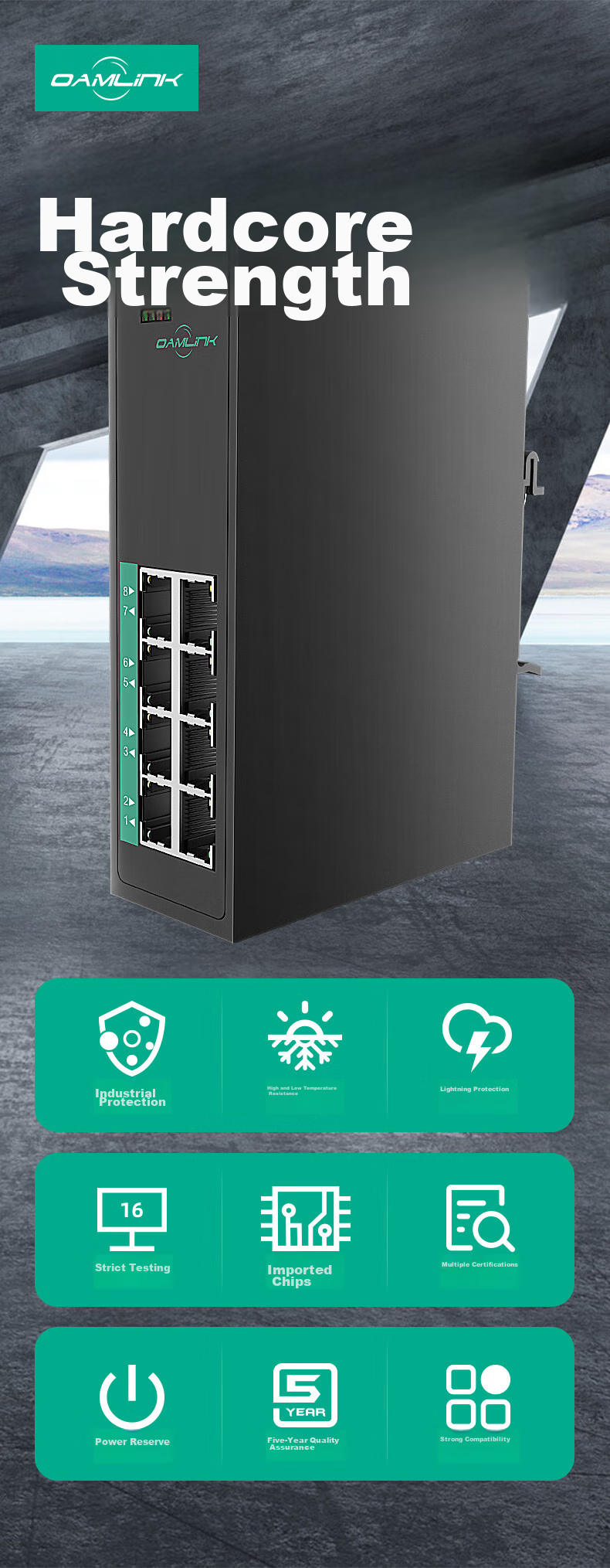 OAMLink Industrial Switch, 8-Port, 100Mbps, DIN Rail Mount, Metal Body, OAM-6000 3