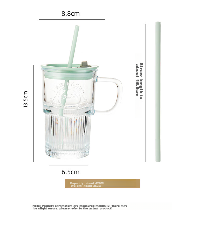 CAIZHI Glass Cup with Lid And Handle, Office Water Bottle with Straw, Large Capacity Cup, Transparent Mint Green CZ6940 13