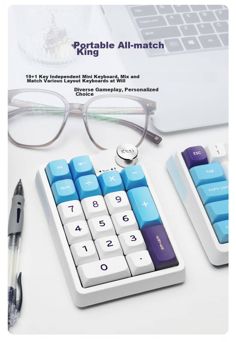 KZZI K20 Wireless Tri-Mode Mechanical Keyboard 19-Key with Knob Numeric Keypad RGB Lighting TOP Structure PBT Keycaps Hot-Swappable All Keys Mido Purple Light Feather Switch V2 3