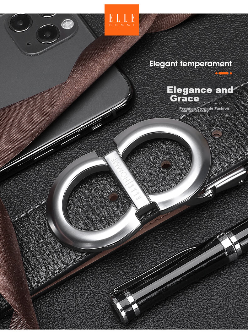 ELLE HOMME Business Men's Leather Belt, Top-Grain Cowhide Buckle Waistband, Hollow Buckle Trouser Belt, Birthday Gift for Boyfriend 2