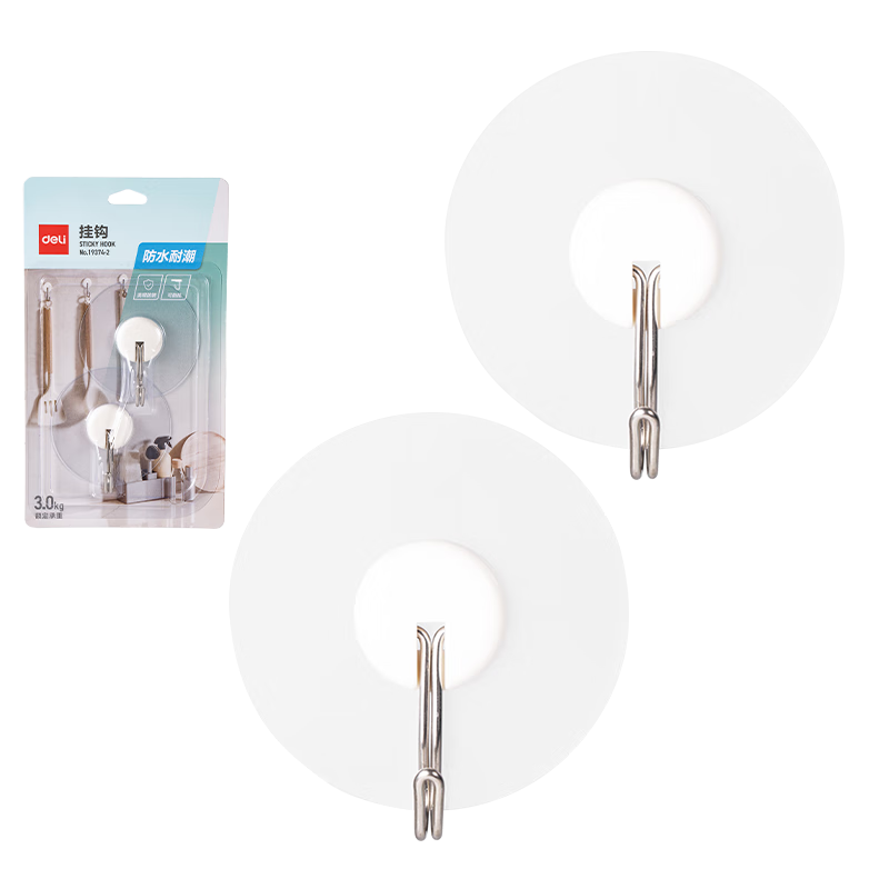 Deli Heavy-Duty Adhesive Hooks, 3kg Load Capacity, Can Be Hung Upside Down, for Bathroom Kitchen Door Back Adhesive Hooks, 2 Pieces, 19374-2
