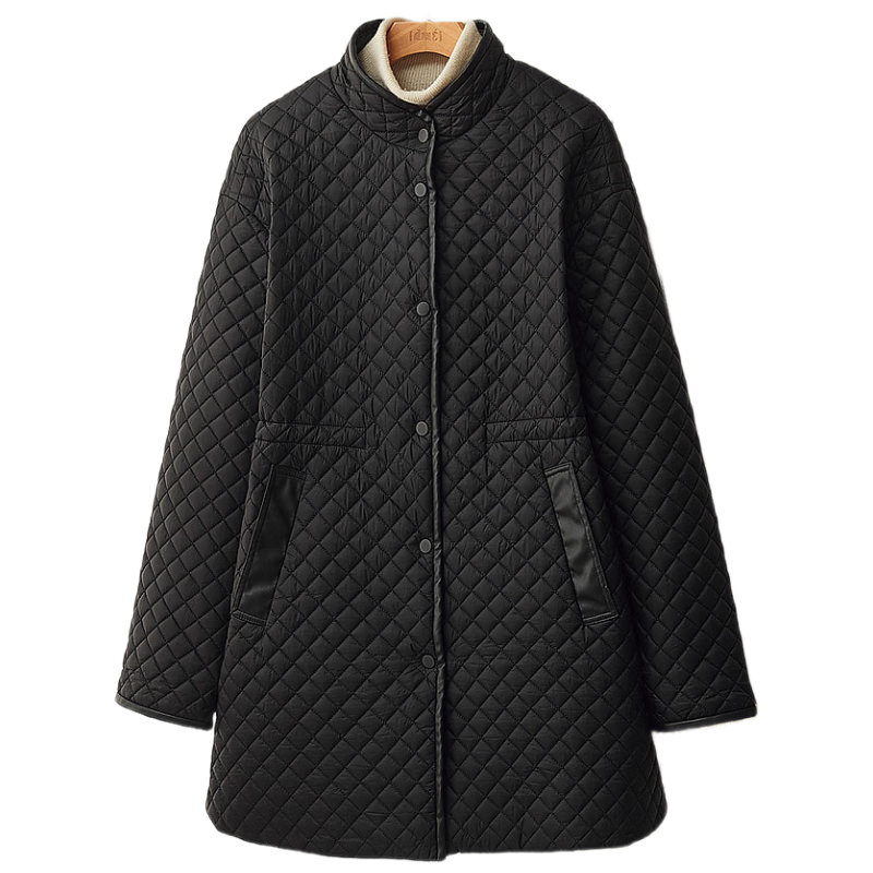 Dme [Quilted Diamond-Patterned Cotton Coat] Winter Stand-Collar Loose Drop-Shoulder Anti-Chafe Padded Jacket for Women, Mid-Length Style, Black, Size M