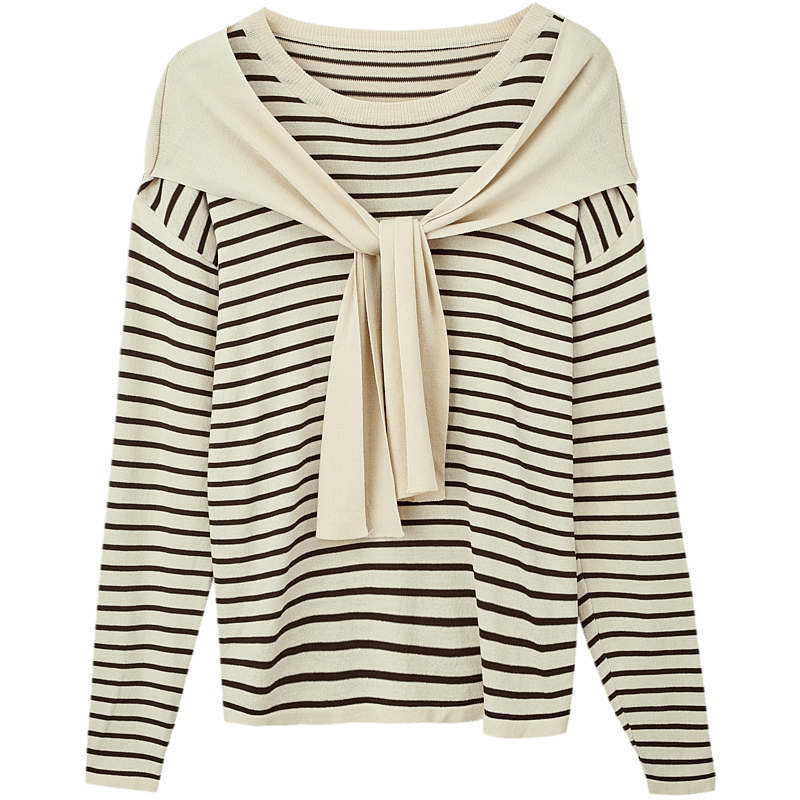 Dme [French Knit Sweater] Spring And Autumn Round Neck Double Curved Striped Contrasting Color Women's Knit Sweater, Off-White, XL