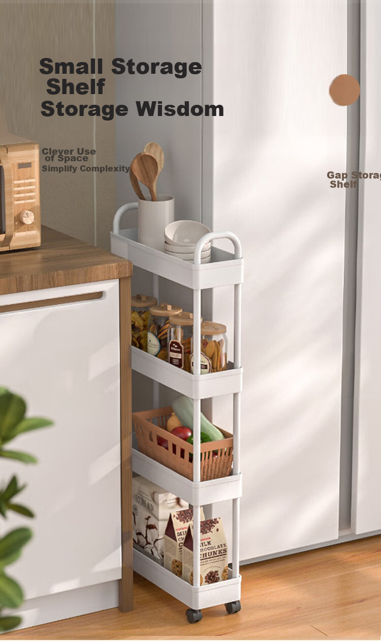 Ourunzhe Narrow Storage Rack, Kitchen Organizer Shelf, Slim Gap Trolley, Living Room And Bathroom Crevice Storage Shelf, Four-Tier with Handle 1