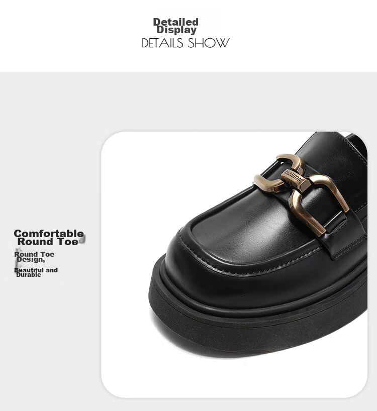 Dusto Round Toe Versatile Leather Shoes for Women, 2026 New Spring Slip-On Women's Shoes, Black Thick-Soled Heightening Loafers 5