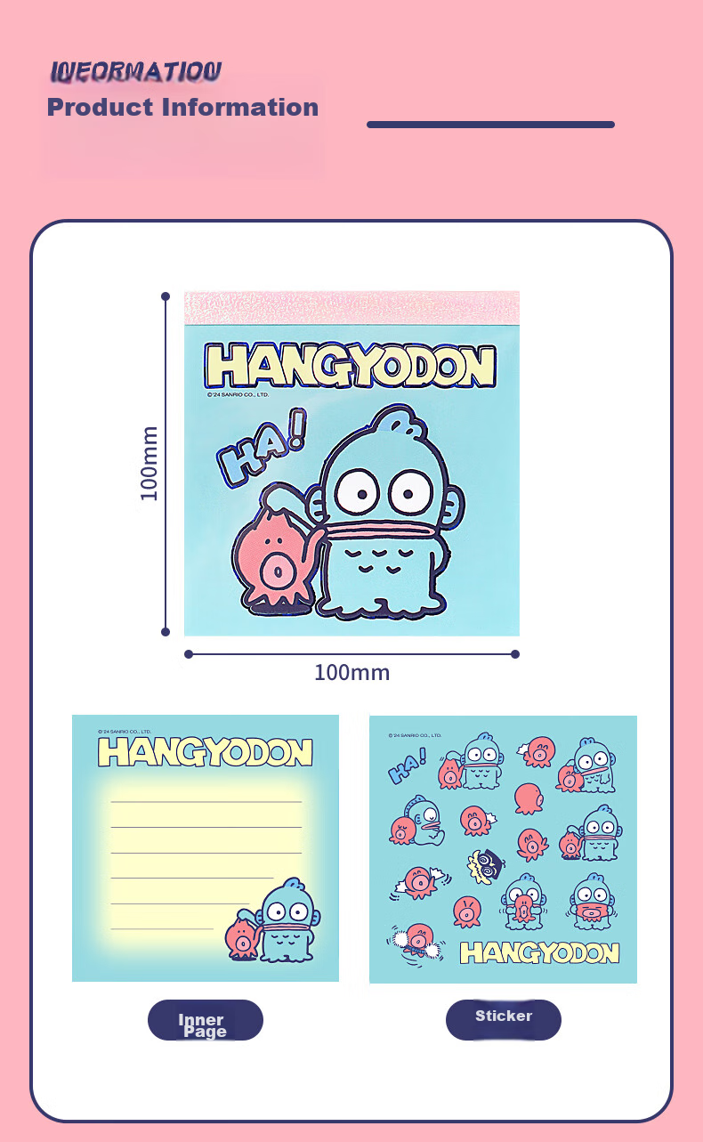 GuangBo X Sanrio Co-Branded Square Notebook, Mini Pocket Notebook, Memo Pad, Aesthetic Journal, Notepad, 100*100mm/80 Sheets, Half-Person Fish Green, KT81387 1