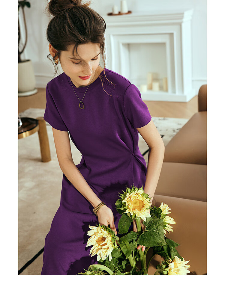 Olrain Eurielle Short Sleeve Dress Women Summer French Style Waist Slim Knitted Long Dress Dark Gray XL 18