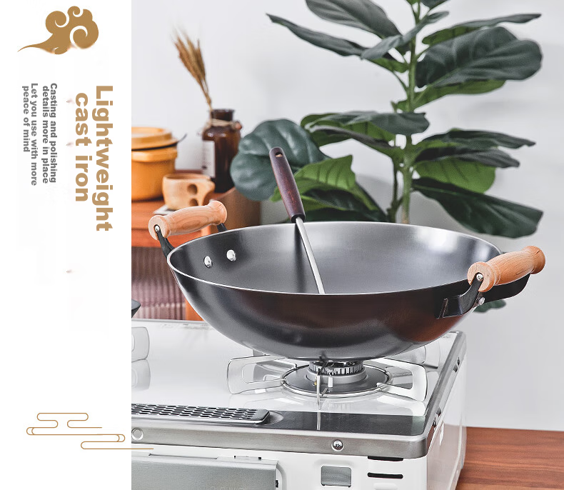 Dianjiang Cast Iron Wok, Uncoated Iron Pan, Enlarged Double-Handled Round Bottom Frying Pan, Gas Stove Cooking Pan, Deepened to 38cm 5