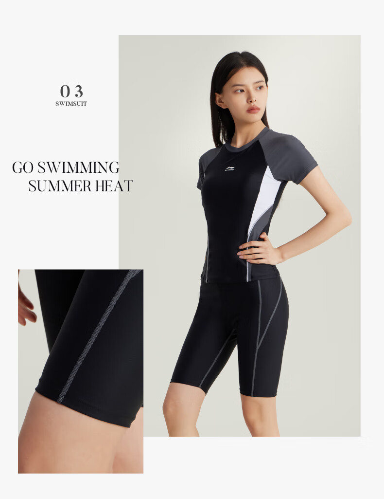 Li-Ning Women's Two-Piece Conservative Swimsuit, Tummy Control Slimming Plus Size Casual Hot Spring Swimwear 5491 Black L 15