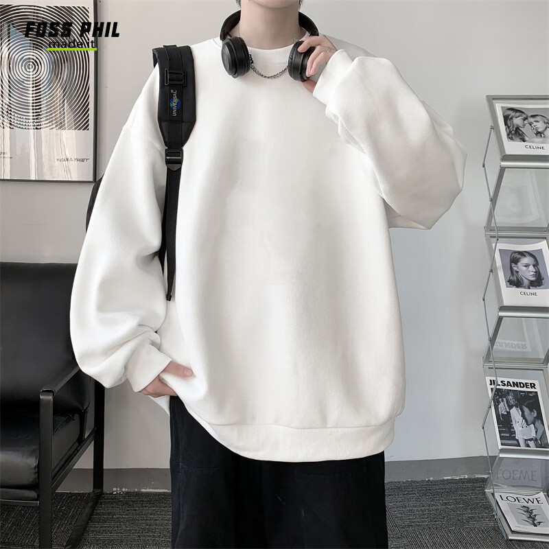 Foss Phil Men's Sweatshirt, Spring And Autumn Long-Sleeve T-Shirt, Round Neck American-Style Top, Undershirt for Men, 26WY03, White, Size M