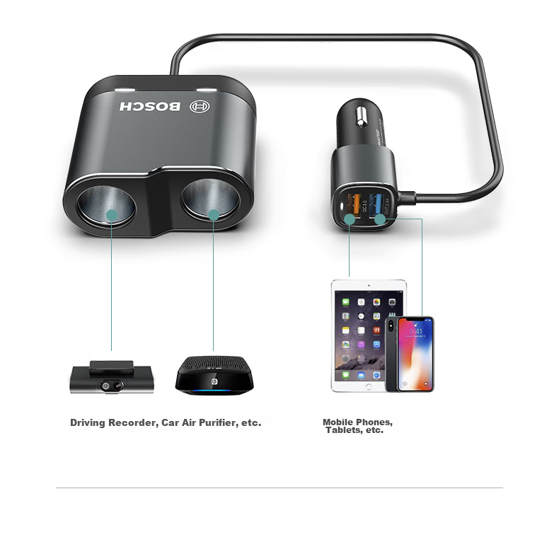 BOSCH PS500 Car Charger Cigarette Lighter Power Supply Dual/Three Multi-Functional USB Fast Charging 12/24V 5