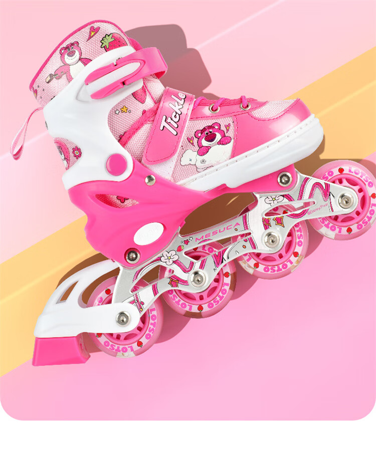 Disney Strawberry Bear Children's Roller Skates, Full Flash Inline Skates, Adjustable Ice Skates for Girls, Beginner Skating Shoes 18