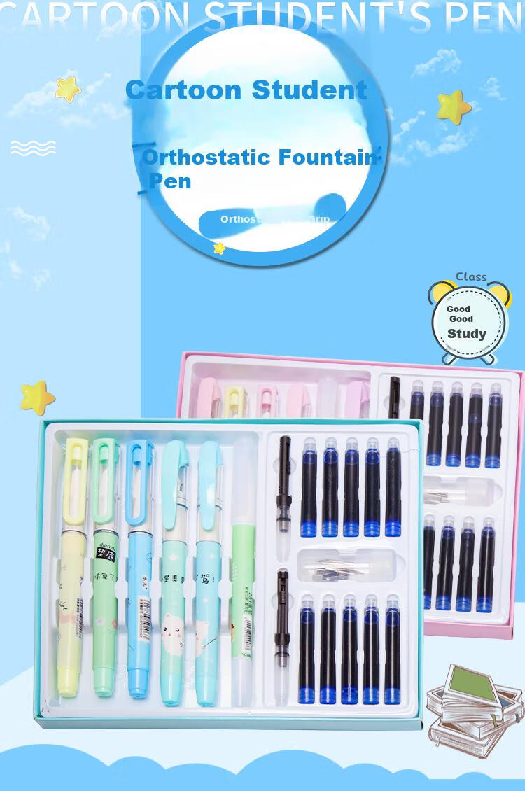 Yongsheng School Opening Gift Fountain Pen Soft Rubber Grip Posture Correction for Third Grade Elementary Students Beginner Handwriting Practice Dark Nib Replaceable Ink Cartridge 3042A Morandi Color 12 Pens Per Box 1