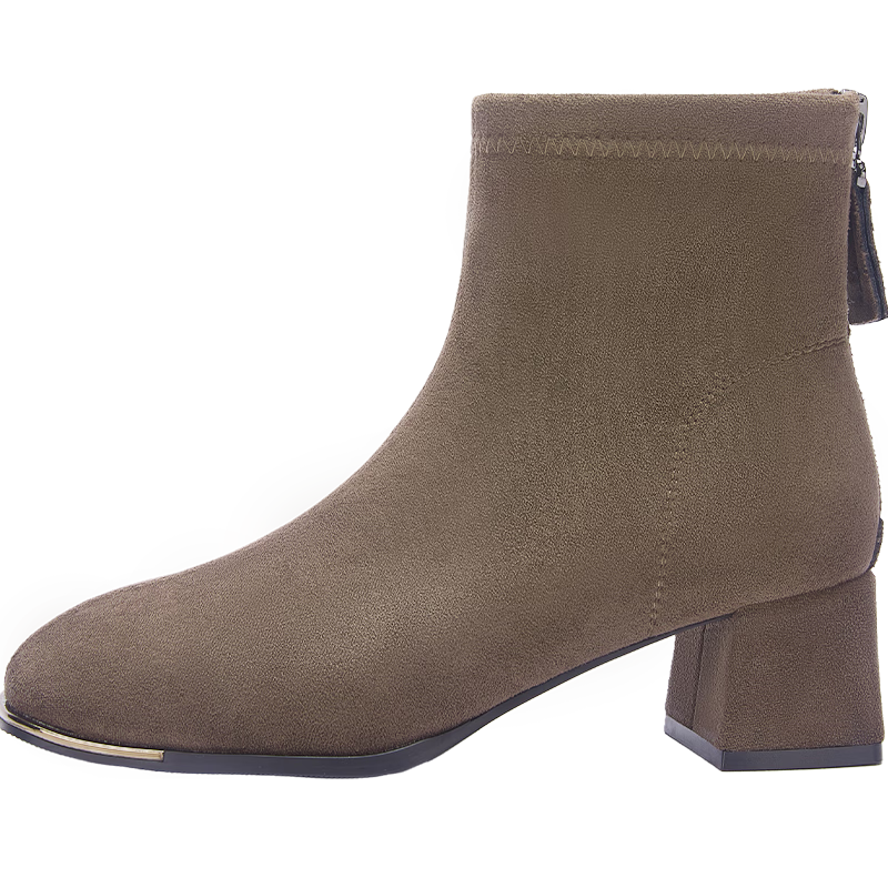 Daphne Women's Autumn French Style High Heel Slim Ankle Boots Black Vintage Suede Boots Light Coffee Color Size 37
