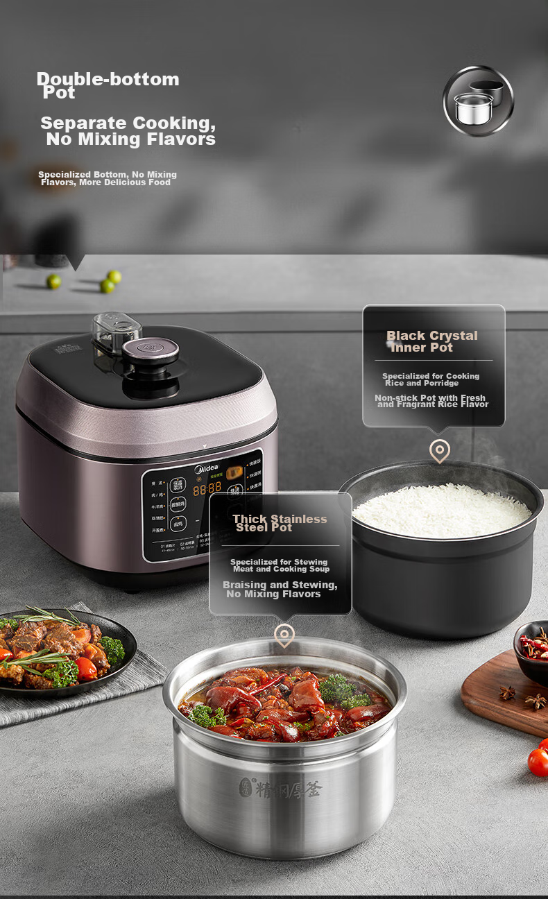 Midea Electric Pressure Cooker, 5L Stainless Steel Inner Pot without Coating, Household High-Pressure Cooker, Multifunctional Smart Lid with Timer, Steam And Boil Separately, Less Salt for Better Flavor, MY-C540G 6