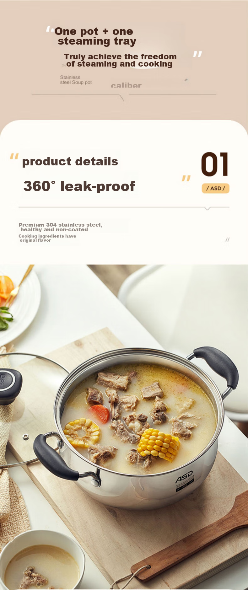 ASD Soup Pot, 304 Stainless Steel Steaming Pot, Thickened Bottom Stew Pot, Milk Pot, 24CM, Compatible with Gas And Induction Stoves, B1 9