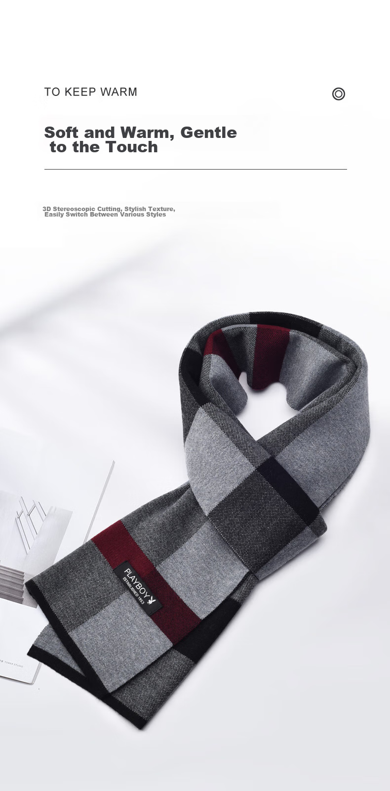 PLAYBOY Men's Autumn Winter Outdoor Warm Thick Scarf Birthday Gift for Husband Father Gift Box Set 3