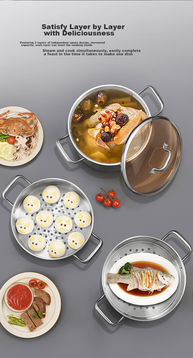KOBACH Steamer Pot, 304 Stainless Steel European-Style Steamer Pot, Three-Layer Steamer Pot, 28cm, Compatible with Induction Cooker And Gas Stove 2