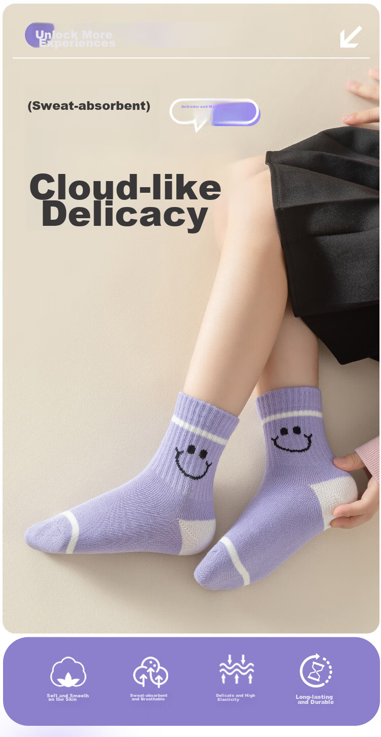 MiiOW Children's Socks, Girls' Mid-Calf Cotton Socks, High-Elasticity Student Socks, Breathable Socks for Older Children, 5 Pairs, Purple Smiley Face, Size L 2