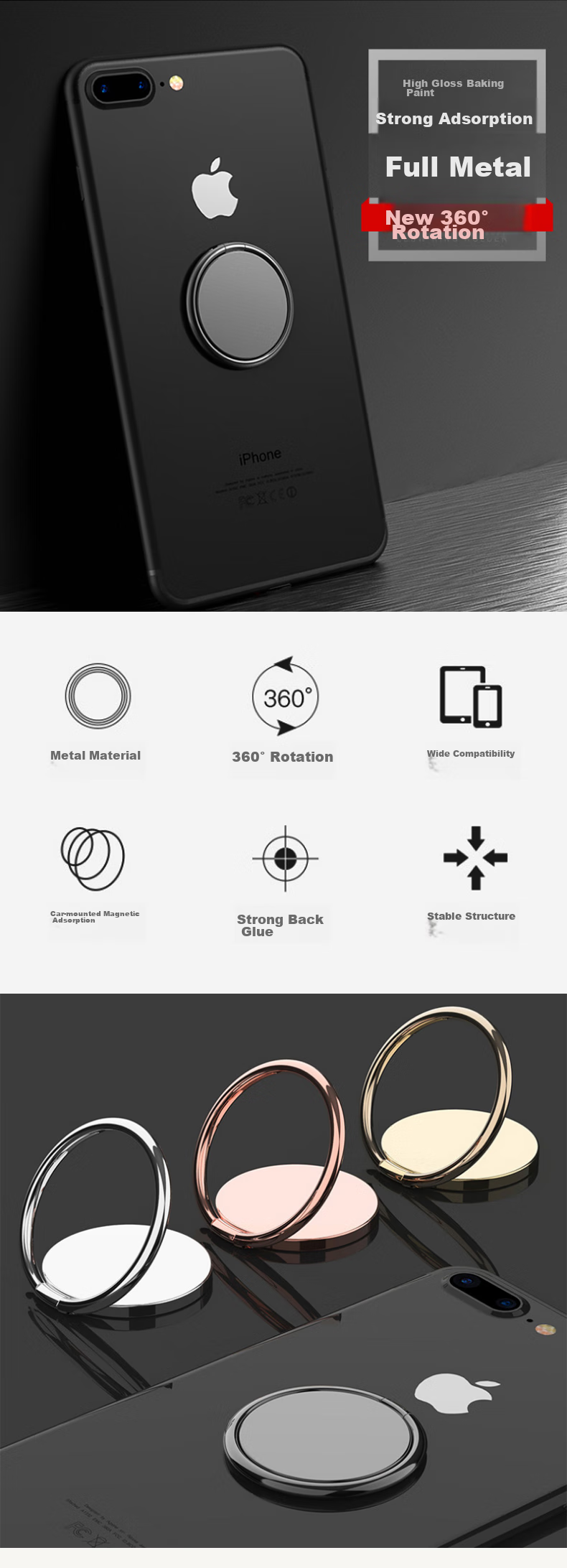 MAIKUQI Phone Ring Holder, Metal Desktop Bedside Lazy Stand, Compatible with Apple Huawei Android Xiaomi, Can Be Used with Car Magnetic Stand, Black + Silver 1
