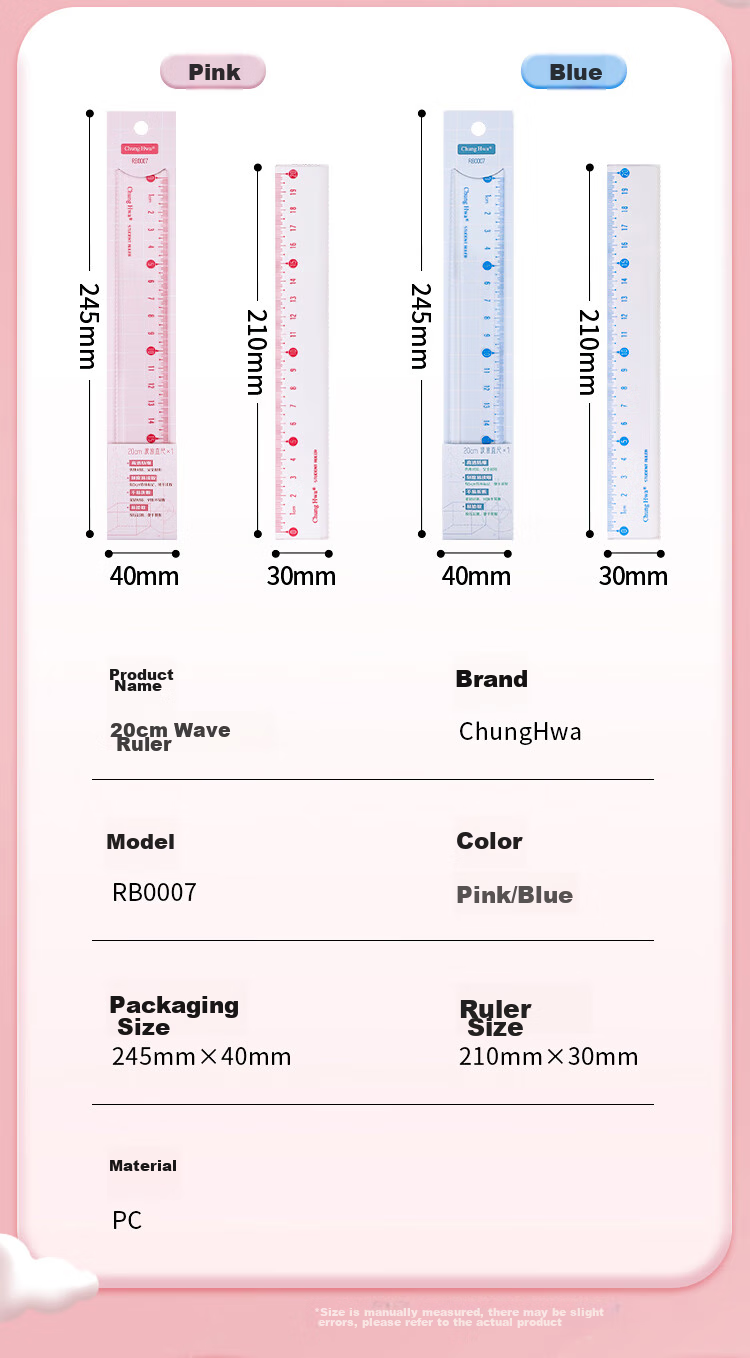Zhonghua (Chung Hwa) Explosion-Proof, Wear-Resistant, High-Precision Plastic Straight Ruler, 20cm Multiple Sizes, Student Ruler for Drawing And Measurement, Scribing Ruler, Wave Straight Ruler, High Transparency Acrylic, RB0007 Pink 10