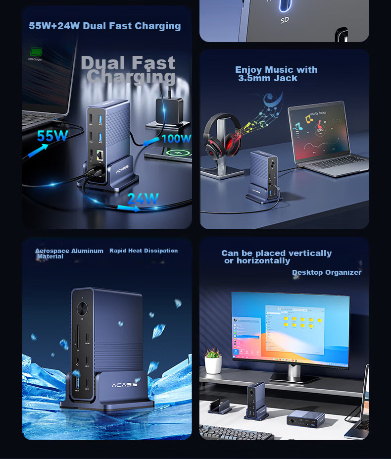 Acasis Desktop Expansion Dock, Type-C Hub, DP Hub, Thunderbolt 4 Docking Station, 4K 60Hz Four-Screen Display, HDMI Graphics Card Expansion Dock, Vertical Computer Desk DS-7A15 4