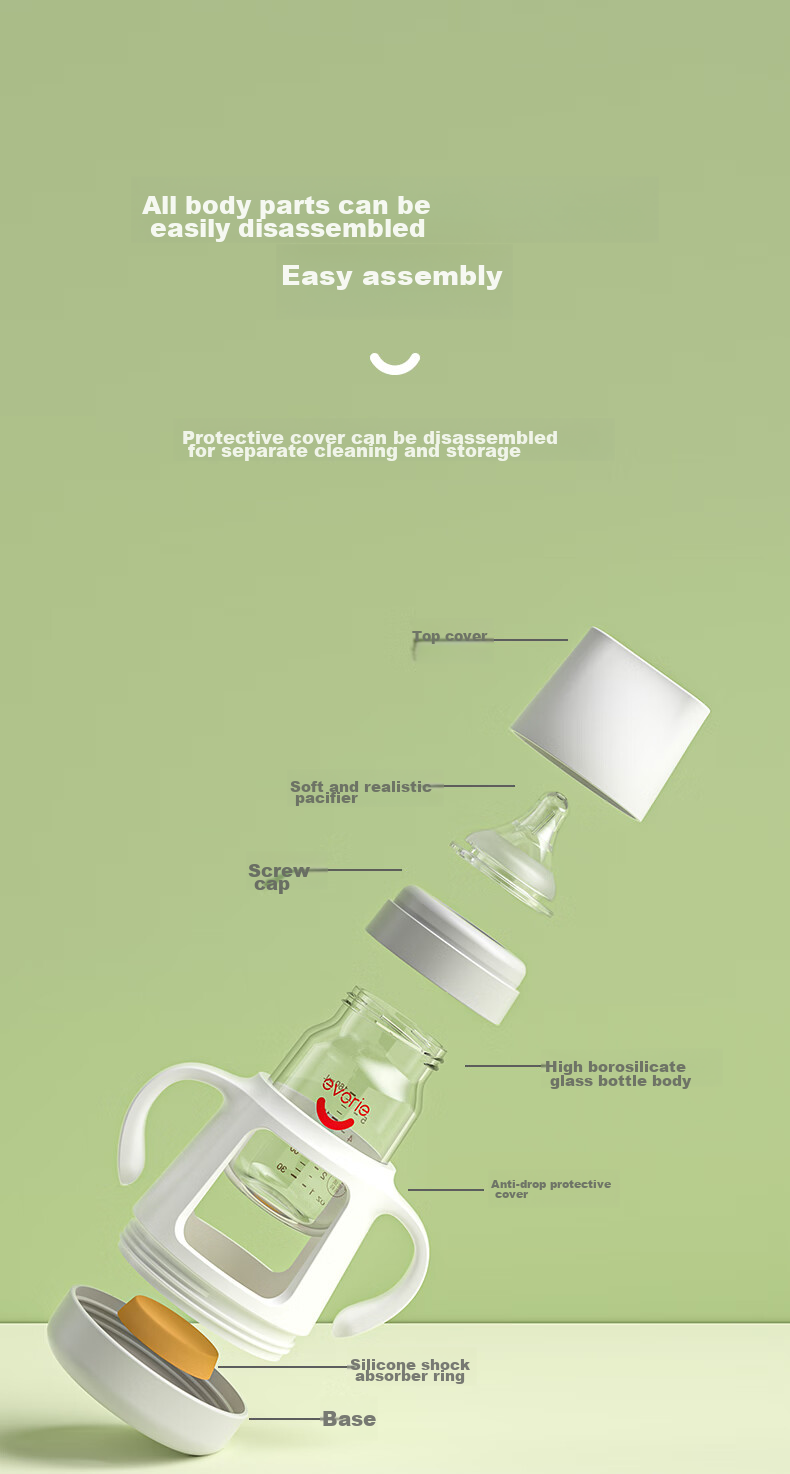 Evorie Glass Baby Bottle, Wide Neck with Protective Sleeve And Handle, Infant Bottle 160ml (0-3 Months+) 10
