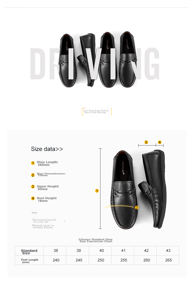 Aokang Business Casual Leather Shoes, Comfortable Soft Sole Driving Shoes, Low-Top Slip-On Loafers, Lazy Slip-Ons, Black, Size 39 5