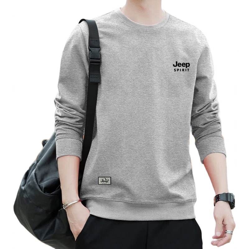 JEEP SPIRIT Men's Sweatshirt, Spring Korean Style Round Neck Loose Fit Versatile Long Sleeve Base Layer, Gray, L