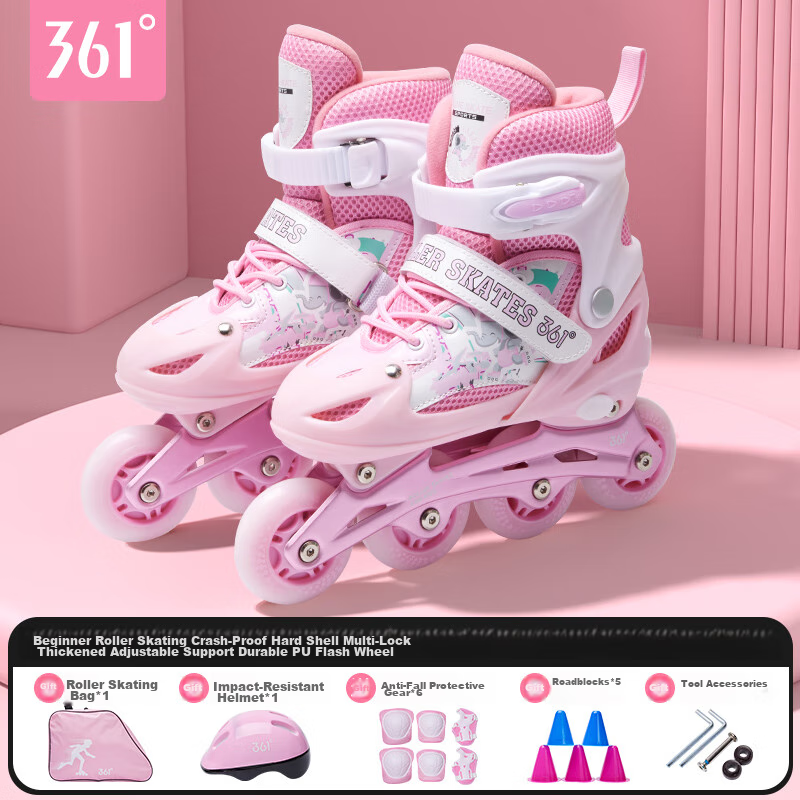 361° Children's Roller Skates for Beginners, Elementary And Middle School Boys And Girls, Inline Skates with Lights, Roller Skating Set, Pink, Size S