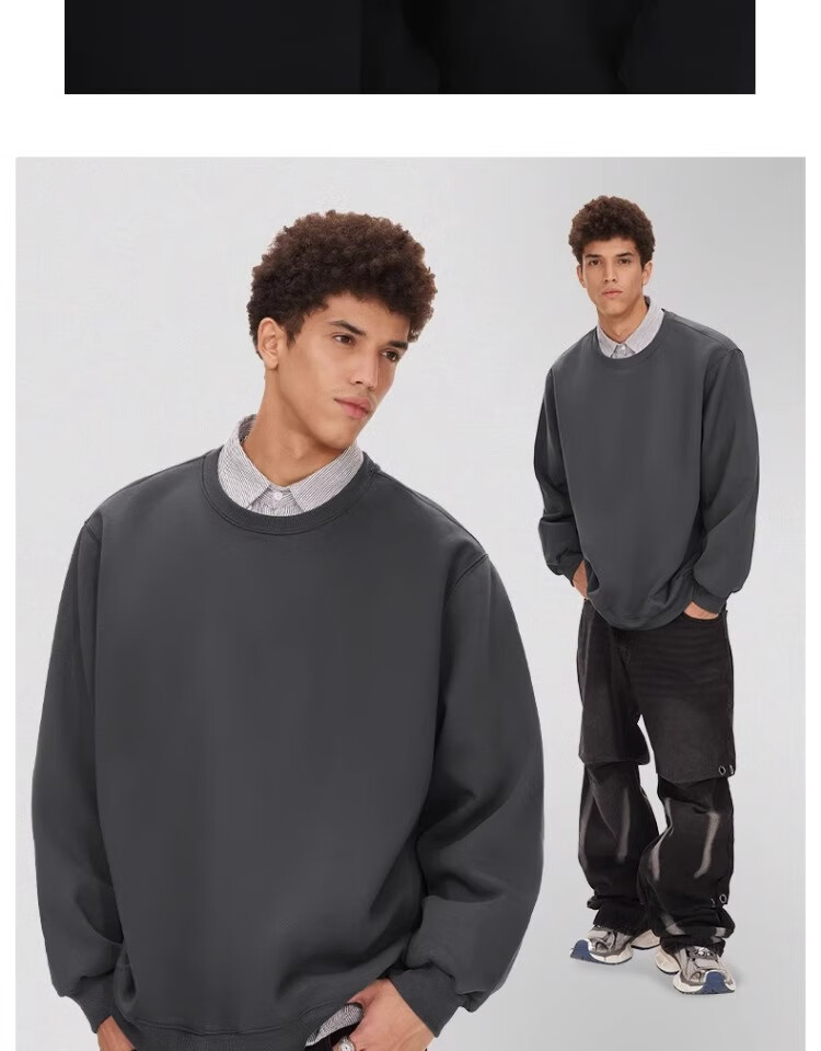 GENIOLAMODE Fleece-Lined Crew Neck Sweatshirt for Men, Autumn And Winter Heavyweight 420G Thick Long-Sleeve Top without Hood, Trendy Style, Dark Gray, 3XL 12