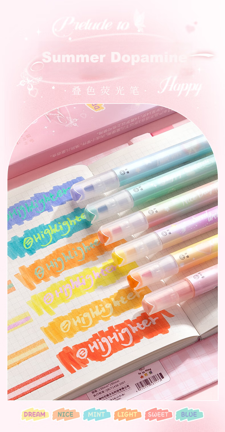 Kabaxiong Highlighters, Stackable, 6-Pack, High-Quality Student Marker Pens, Dual-Tip Non-Smear Journal Markers, Colorful Pens, American Retro Style 1