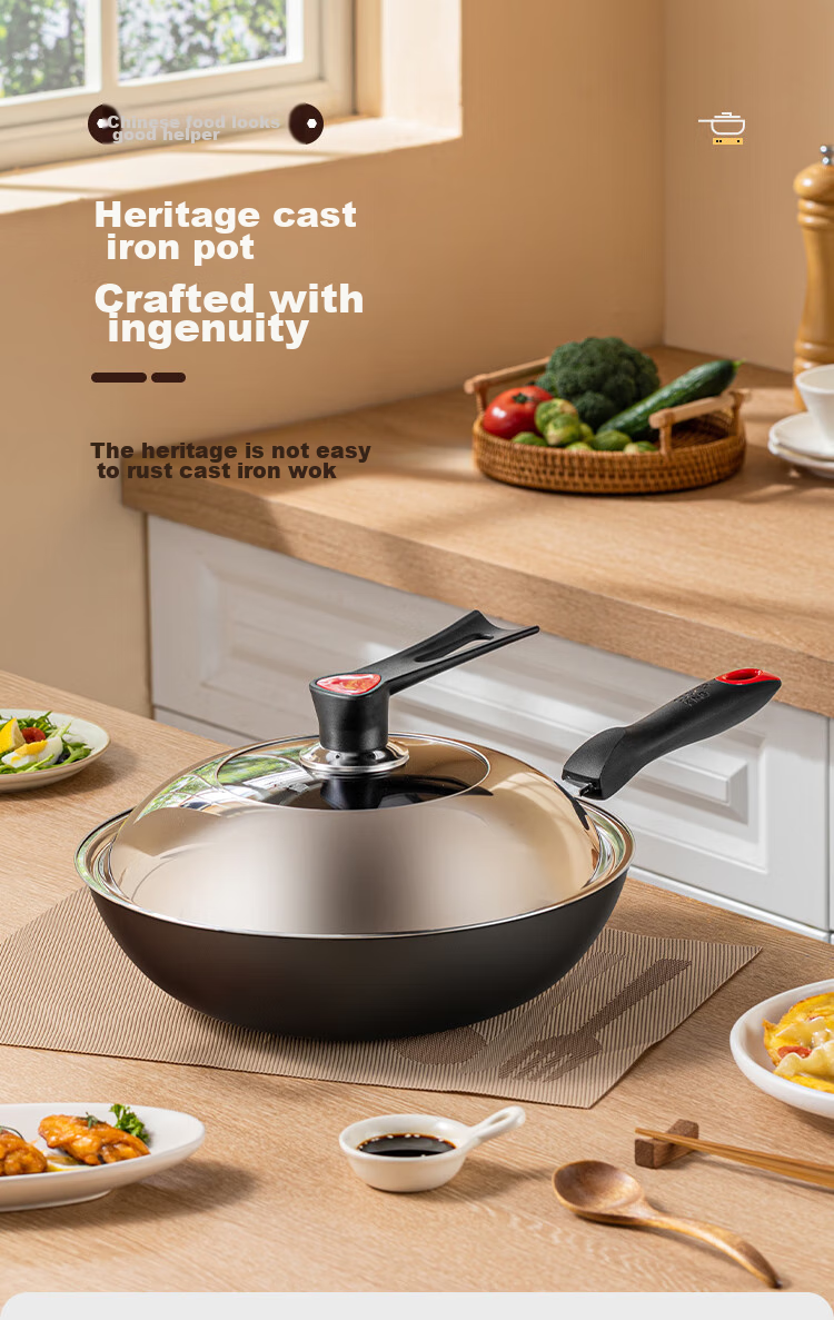 COOKER KING Cast Iron Wok, Flat Bottom Frying Pan, 32cm, Nitrided Anti-Rust, Suitable for All Stoves, Jianjing DJ32ZT-S 2