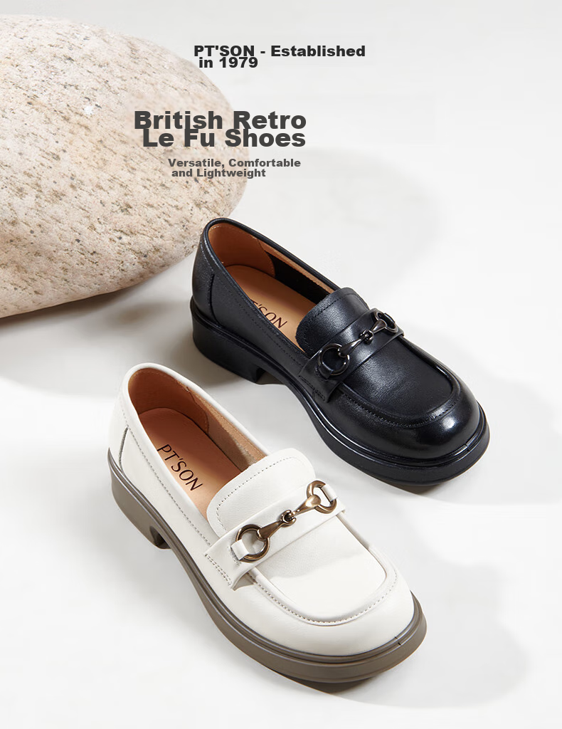 PT'SON Leather Thick-Soled Loafers for Women, Autumn Horse-Bit Buckle British Style Slip-On Shoes, Small Leather Shoes, Black, Size 35 1