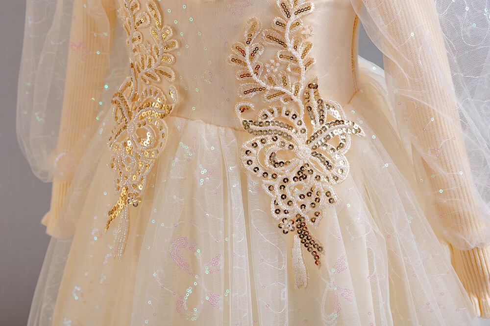 LUOBOBEIBEI Girls' Princess Dress, Spring And Autumn Style, Evening Gown, Birthday Party Dress, Piano Performance Dress, New Year's Outfit, Beige, Size 150 7